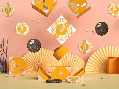 Elegant Decorative Ornament Set With Golden Pattern Gift Boxes Fans And Circular Decorations 3d model