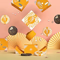 Elegant Decorative Ornament Set With Golden Pattern Gift Boxes Fans And Circular Decorations 3d model