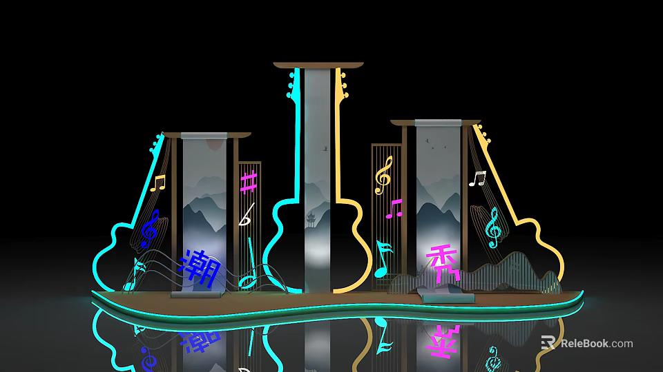 Trendy Show Decorative Installation With Neon Guitar Shapes Musical Notes And Mountain Patterns 3d model 