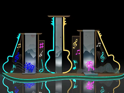 Trendy Show Decorative Installation With Neon Guitar Shapes Musical Notes And Mountain Patterns 3d model
