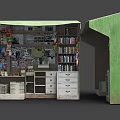 Vintage Compact Scene Interior With Bookshelves Books Magazines Posters Drawer Cabinets And Green Structure