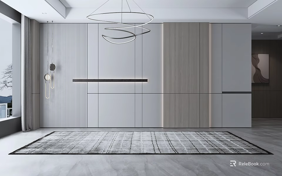 Modern Sofa Background Wall Design With Vertical Stripes Wood Panels And Decorative Lighting 3d model 