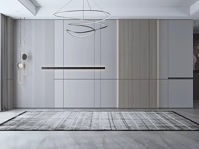 Modern Sofa Background Wall Design With Vertical Stripes Wood Panels And Decorative Lighting 3d model