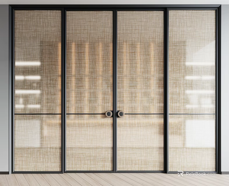 Modern Interior Sliding Doors With Textured Glass And Black Metal Frames For Space Partition 3d model 