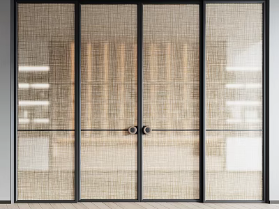 Modern Interior Sliding Doors With Textured Glass And Black Metal Frames For Space Partition 3d model