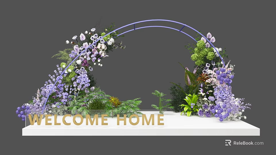 Purple Floral Arch Decoration with Welcome Home Sign and Greenery Plants 3d model 