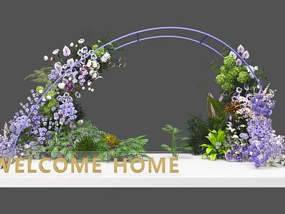 Purple Floral Arch Decoration with Welcome Home Sign and Greenery Plants 3d model