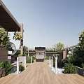 Courtyard Garden Design With Wooden Deck Bench Pine Tree Pergola Slats And Decorative Wall Tiles