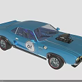 Blue Classic Muscle Car With 01 Number Open Hood Engine And Red Rims
