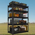 Black Multi Tier Shelving Unit with Toolboxes Storage Boxes Bottles and Books