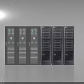 Row Of Industrial Electrical Control Cabinets And Server Racks With Control Panels And Storage Shelves