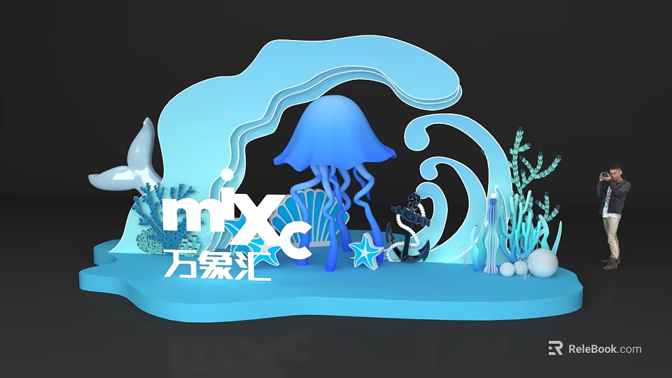 Vibrant Mixc Photo Spot With Blue Wave Jellyfish Whale Tail And Coral Starfish 3d model 
