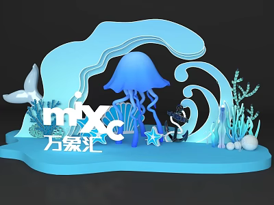 Vibrant Mixc Photo Spot With Blue Wave Jellyfish Whale Tail And Coral Starfish 3d model