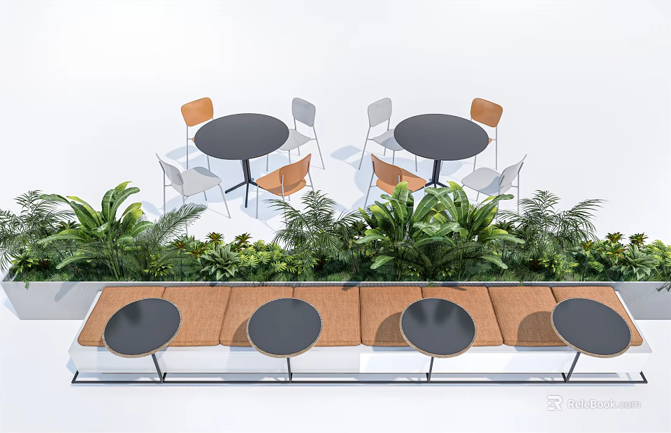 Outdoor Round Tables And Chairs Set With Green Plants For Seating Area 3d model 