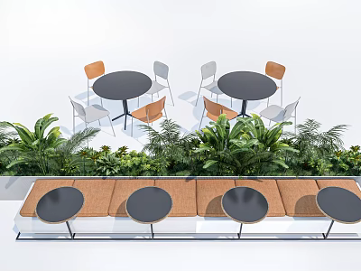 Outdoor Round Tables And Chairs Set With Green Plants For Seating Area 3d model