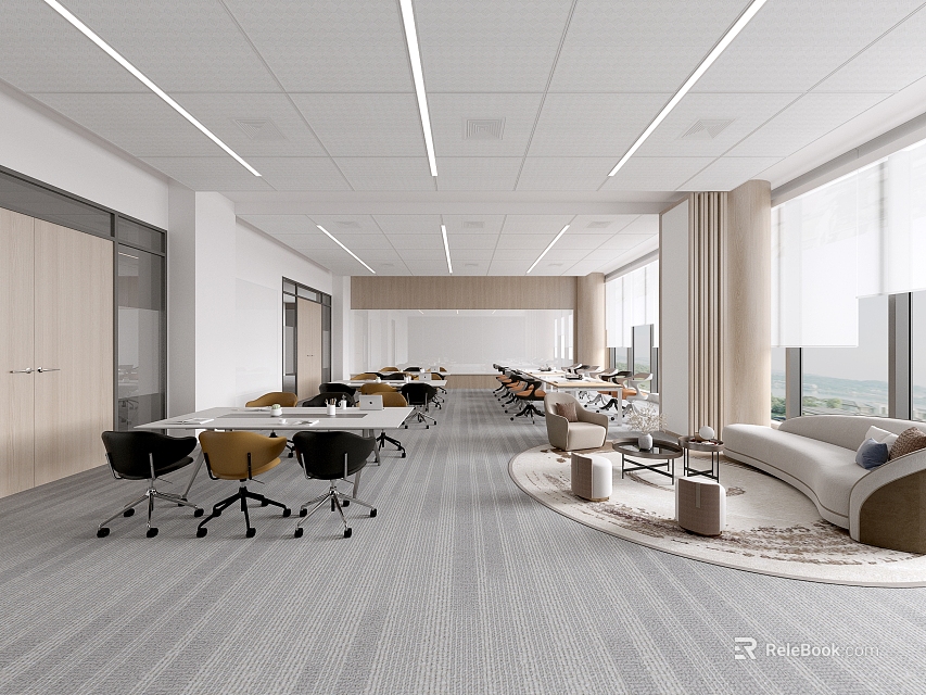 Modern Office Interior With Long Tables Black Yellow Chairs Sofa Carpet And Large Windows 3d model 