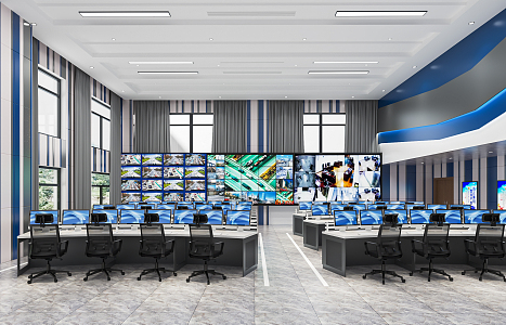 Modern monitoring room Command control room Dispatching command center Monitoring hall Command hall Office desks and chairs 3d model