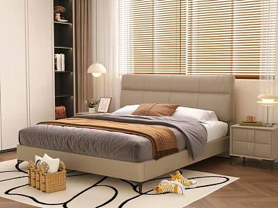Double Bed with Beige Headboard Gray Comforter Brown Blanket Nightstand Lamp Wooden Floor and Rug 3d model