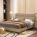 Double Bed with Beige Headboard Gray Comforter Brown Blanket Nightstand Lamp Wooden Floor and Rug