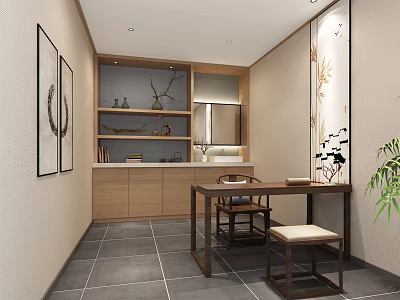 Chinese Style Study Room With Wooden Table Chairs Bookshelf And Decorative Paintings 3d model