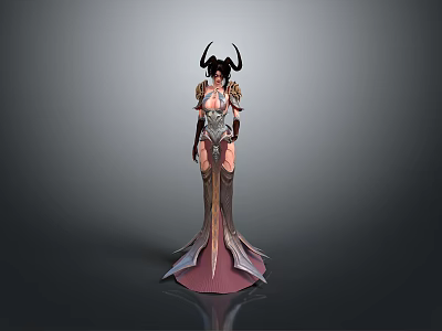 Woman With Horns In Elegant Metallic Outfit And Long Flowing Dress 3d model