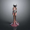 Woman With Horns In Elegant Metallic Outfit And Long Flowing Dress