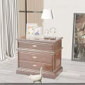 Wooden Bedside Chest with Drawers Table Lamp Photo Frames and Globe in Cozy Room