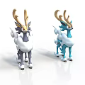 3D Animal Models With Golden Antlers White Gray Blue White Fur Standing On White Background