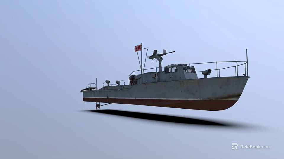 Military Warship With Red Flag On Deck Gray Green Hull And Red Bottom 3d model 