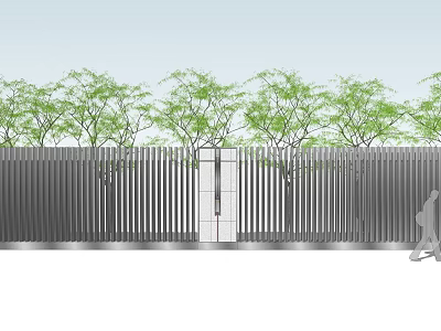 Modern Gray Feature Wall with Vertical Slats Central Door and Green Trees 3d model