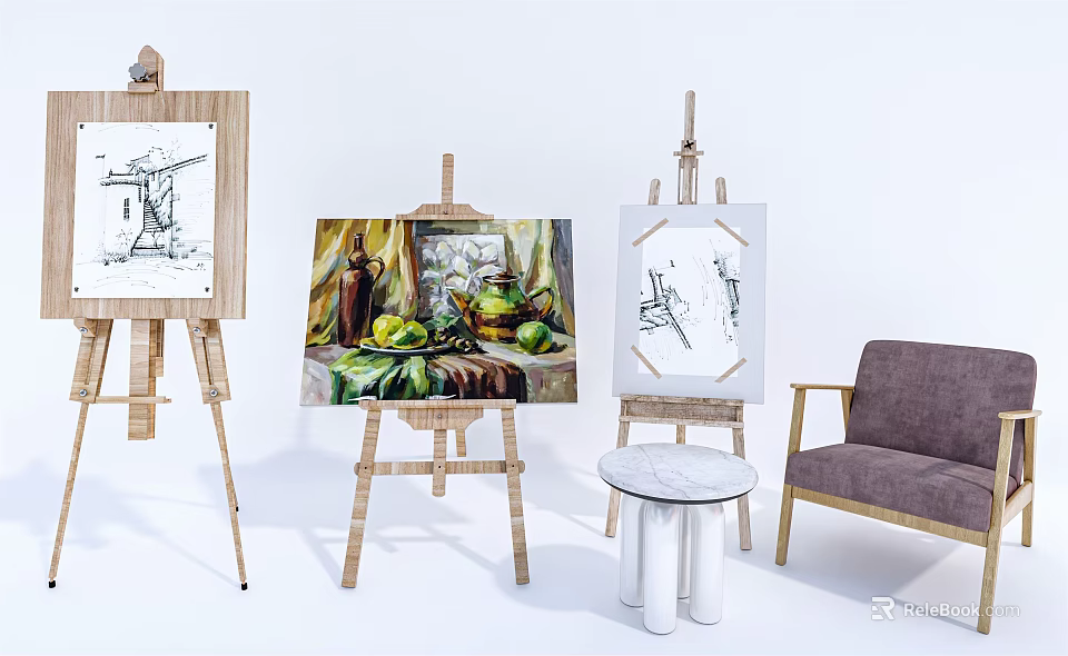 Art Supplies Setup With Multiple Easels Displaying Paintings In Studio With Chair And Table 3d model 