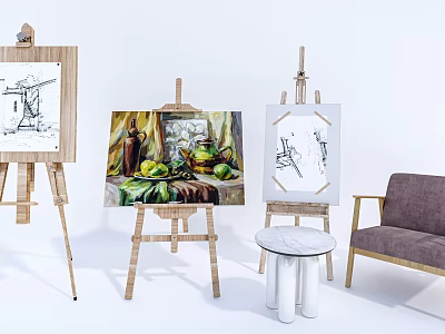 Art Supplies Setup With Multiple Easels Displaying Paintings In Studio With Chair And Table 3d model