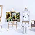 Art Supplies Setup With Multiple Easels Displaying Paintings In Studio With Chair And Table