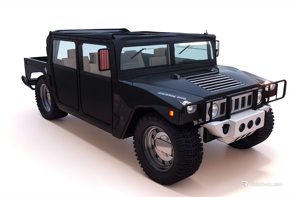 Black Hummer Four Door Off Road Vehicle With Large Tires And Front Grille Design 3d model 