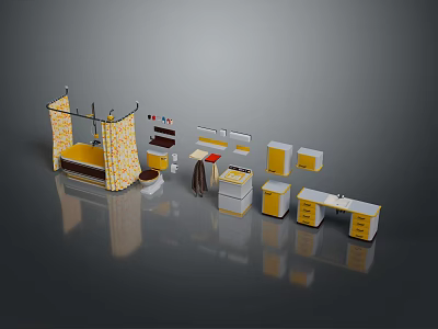 Modern Bedroom Interior With Yellow And White Furniture Bed Wardrobe Desk And Storage Units 3d model