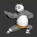 Low Poly Panda Character In Martial Arts Pose With Yellow Shorts On Reflective Surface