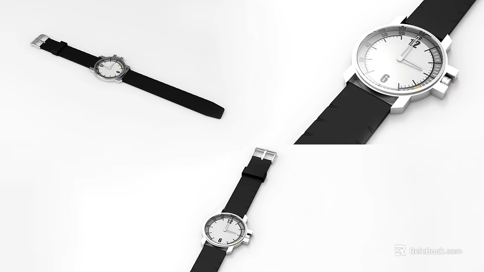 Minimalist Modern Watch Design With Black Leather Strap Silver Dial And Three Angles View 3d model 