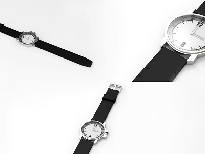 Minimalist Modern Watch Design With Black Leather Strap Silver Dial And Three Angles View 3d model