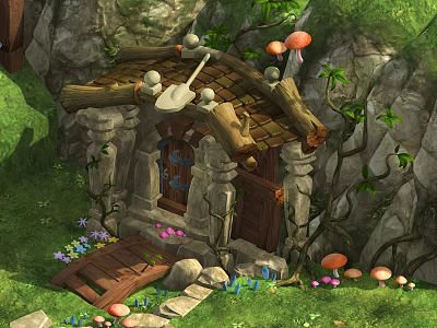 Cartoon Scene Of Enchanted Cottage With Rocky Surroundings Wooden Roof And Mushroom Decorations 3d model