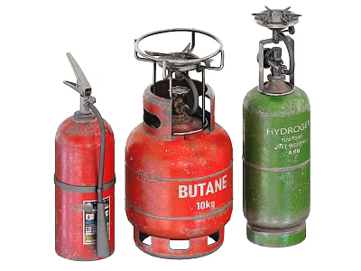 Industrial Equipment Featuring Red Fire Extinguisher Butane Cylinder And Green Hydrogen Tank 3d model
