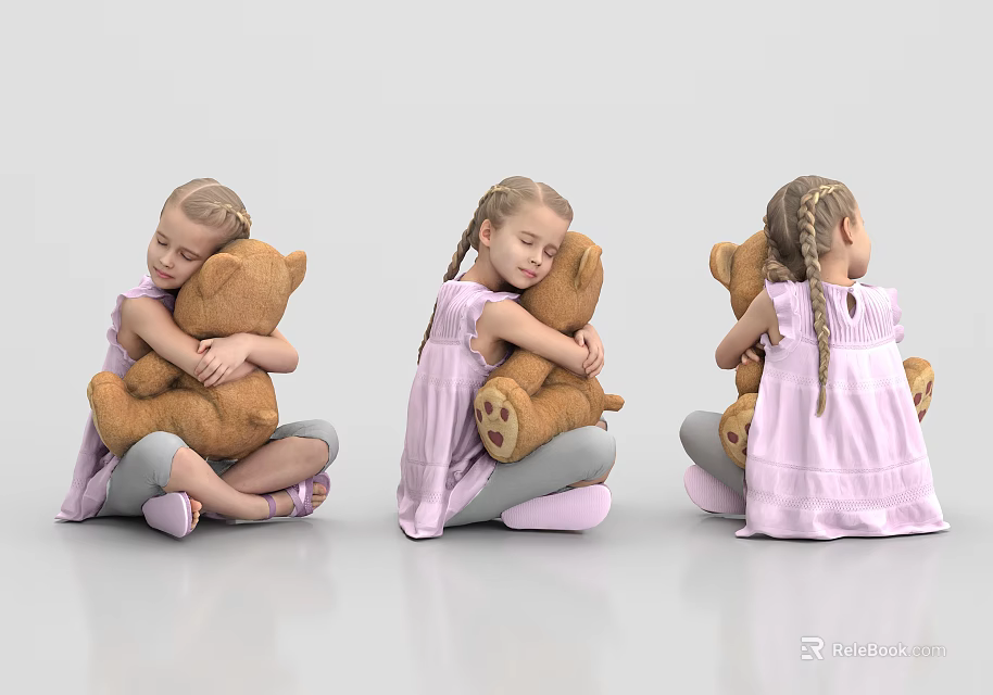Little Girl Hugging Teddy Bear In Different Poses With Pink Dress 3d model 