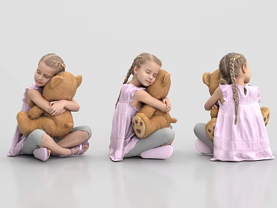 Little Girl Hugging Teddy Bear In Different Poses With Pink Dress 3d model