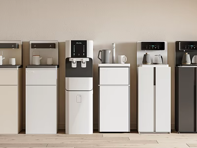 Modern Household Electrical Appliances Water Dispensers and Refrigerators in Arranged Display with Various Colors 3d model