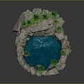 Natural Stone Water Fountain With Circular Blue Pool And Green Plants