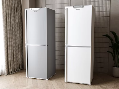 Silver And White Double Door Refrigerators In Modern Interior With Brick Wall And Wooden Floor 3d model