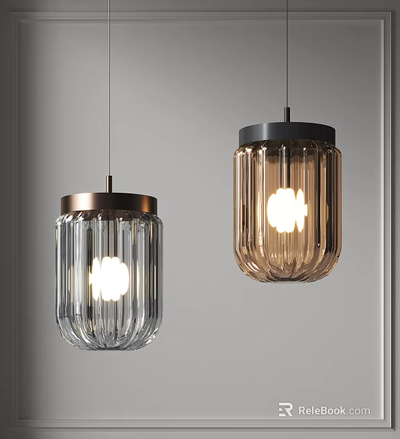 Modern Transparent And Amber Glass Pendant Lights With Ribbed Design And Metal Finish 3d model 