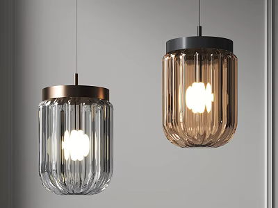 Modern Transparent And Amber Glass Pendant Lights With Ribbed Design And Metal Finish 3d model