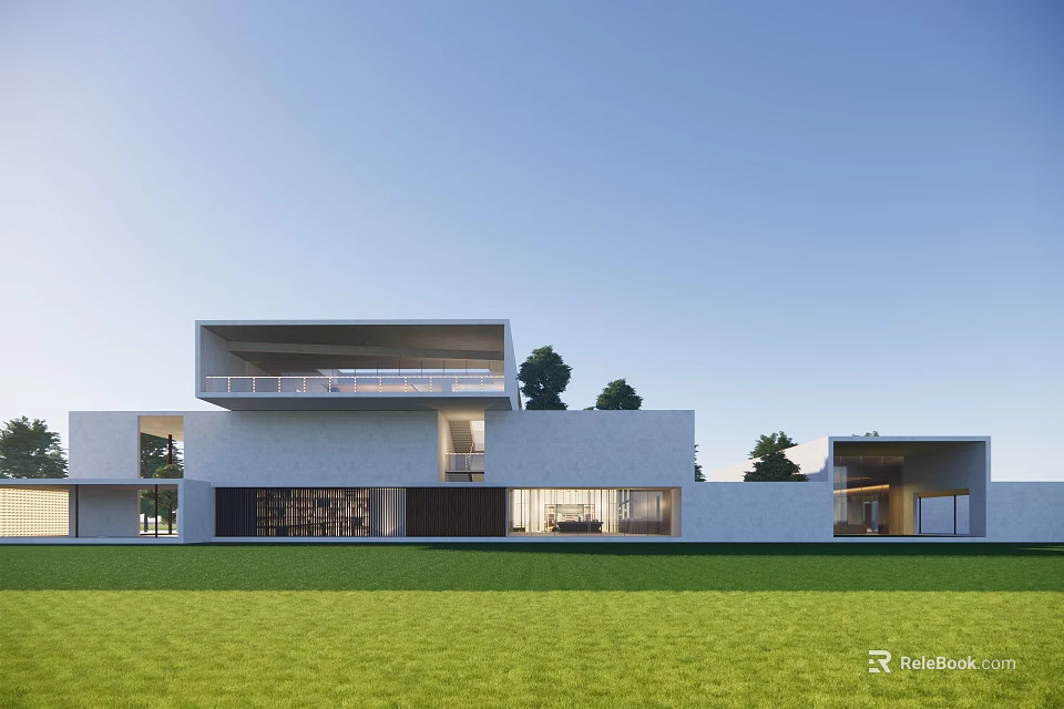 Modern White House Exterior Design With Large Windows And Green Lawn Against Blue Sky 3d model 