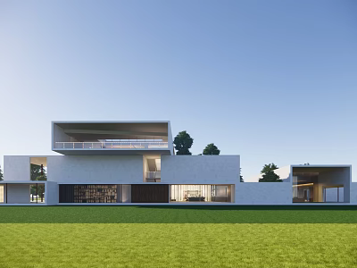 Modern White House Exterior Design With Large Windows And Green Lawn Against Blue Sky 3d model