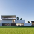 Modern White House Exterior Design With Large Windows And Green Lawn Against Blue Sky